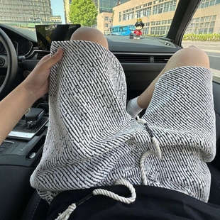 夏季爆款男裤针织斑马纹宽松大码五分裤潮牌白色黑色灰色梭织抽绳