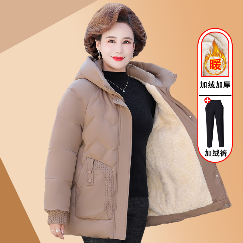 中年妈妈冬装中老年人棉衣女加绒冬季加厚保暖棉服洋气外套黑色