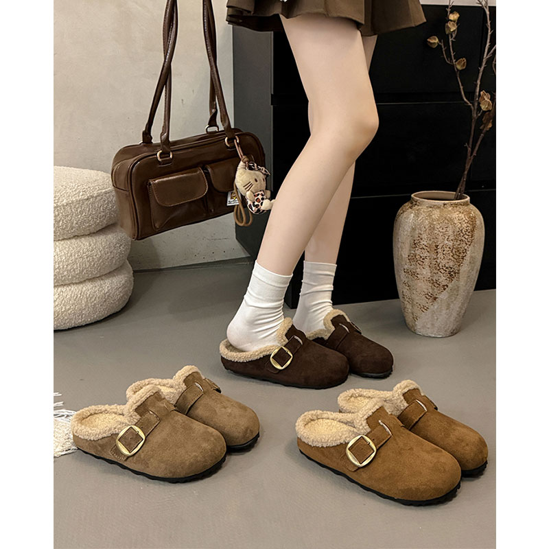 加绒勃肯鞋毛毛鞋女2025新款秋冬季一脚蹬包头半拖鞋博肯棉鞋平底