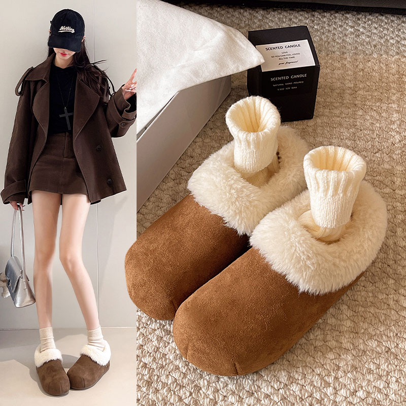 毛绒保暖内增高勃肯鞋女外穿2025冬新款加绒一脚蹬大棉鞋鞋子棕色