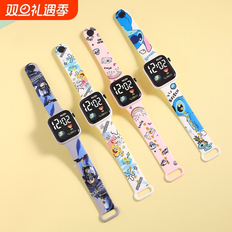 儿童手表男孩女孩非智能LED卡通可爱印花时尚方形小学生电子表