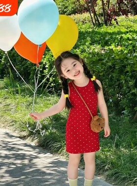 女童夏季休闲红色波点背心连衣裙