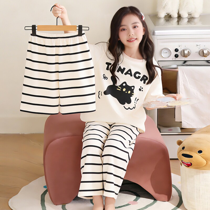 睡衣女童夏季薄款短袖纯棉三件套家居服儿童女孩初中生大童亲子装