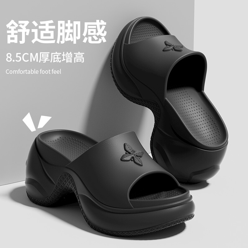 十字花厚底拖鞋女夏季外穿2026新款黑色8cm一字拖高跟凉拖鞋防
