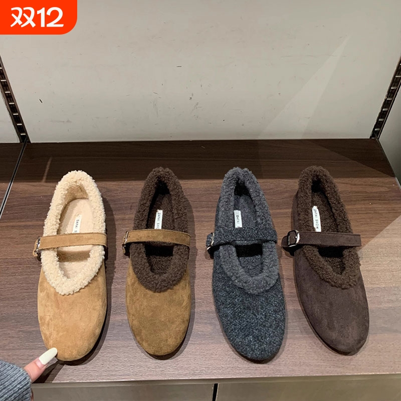 法式平底加绒毛毛鞋女2025秋冬新款保暖玛丽珍鞋勃肯鞋棉鞋子灰色