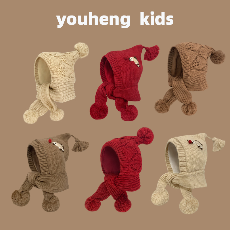 儿童帽子围巾一体冬季新款保暖男女童针织护耳帽宝宝毛线帽红色