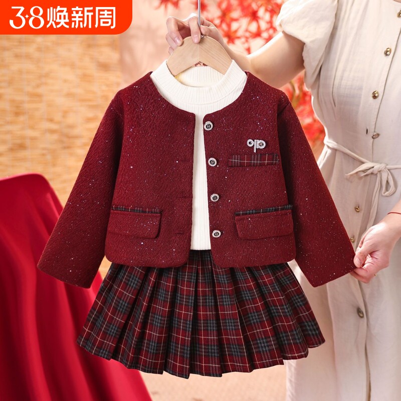 女童拜年服冬季中小童红色洋气香风外套小衫秋冬新款宽松秋装儿童
