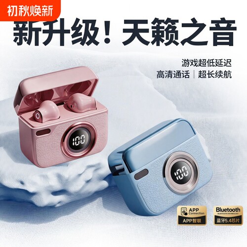 【APP智联】定位蓝牙耳机复古相机高清通话降噪短柄听歌睡眠用T24