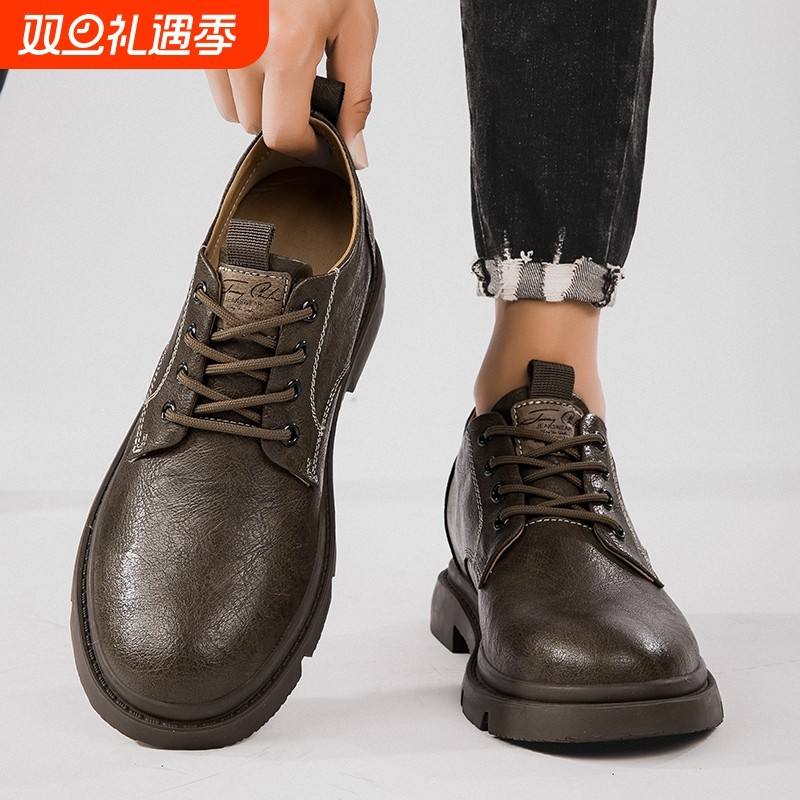 男鞋新款春秋冲孔休闲低帮工装鞋百搭大头鞋皮鞋黑色圆头内增高