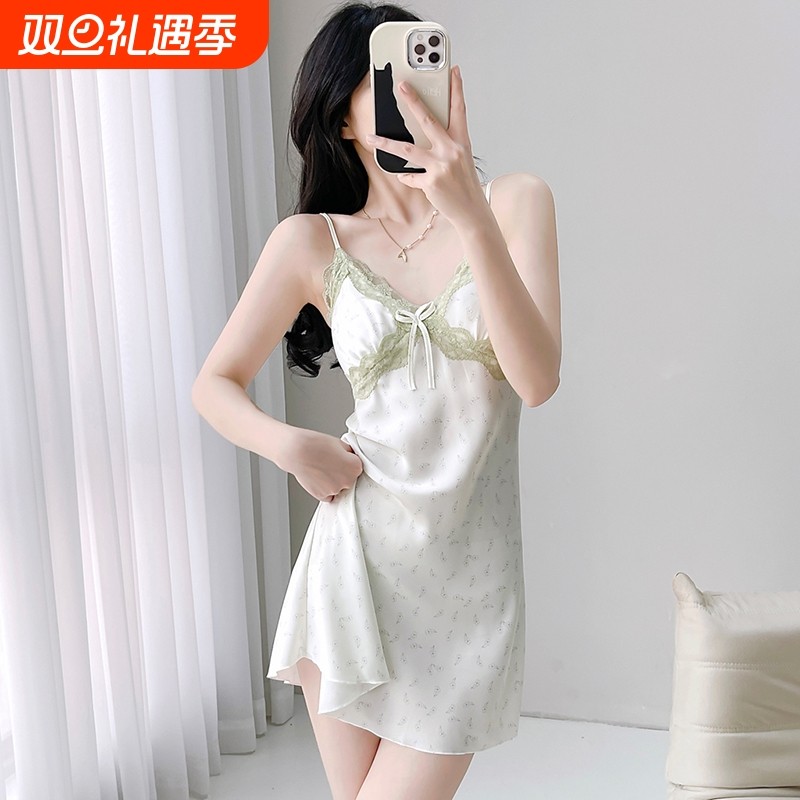 禁欲系性感睡衣女款纯欲春夏季新款冰丝绸蕾丝带胸垫吊带睡裙睡袍