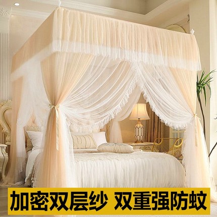 落地双层纱蚊帐2025新款家用卧室公主风三开门加厚加密宫廷纹帐子