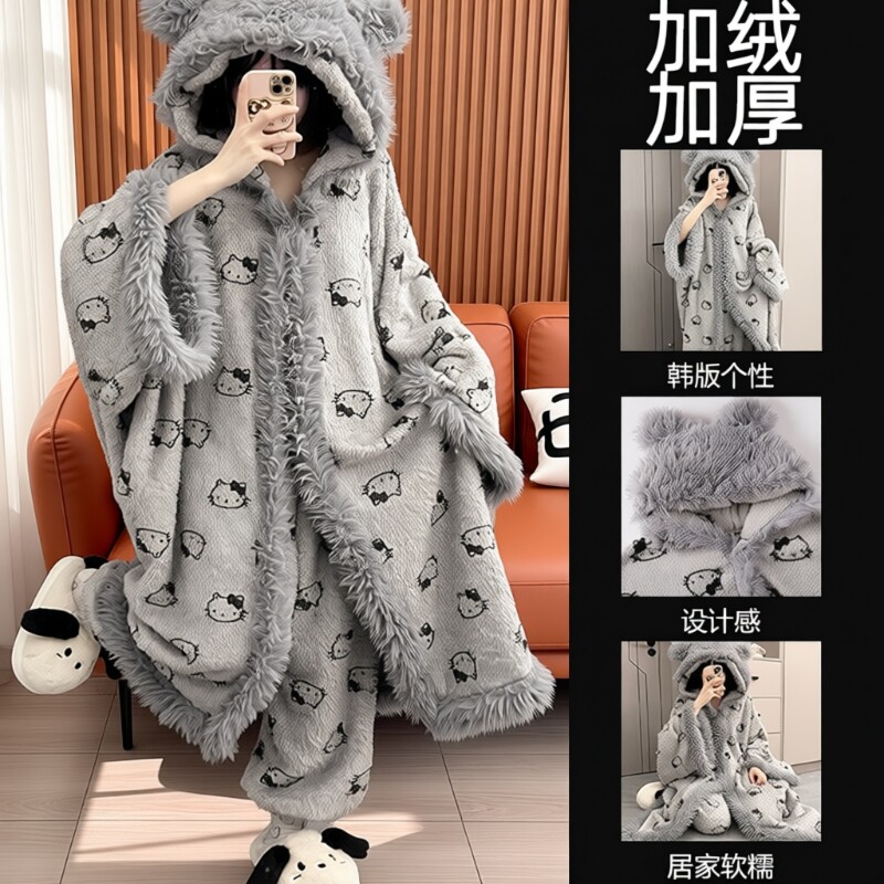 网红猫咪斗篷珊瑚绒睡衣厚女冬季图片