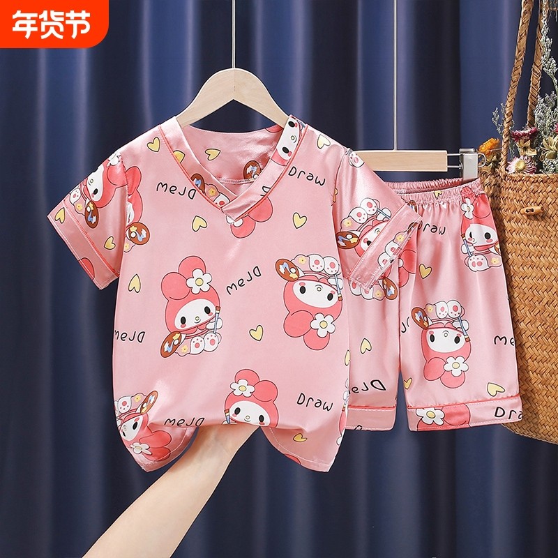 男女童睡衣夏季冰丝薄款短袖女中大童儿童家居服套装2025新款短裤