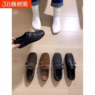 内增高复古方头乐福鞋小皮鞋女2025秋冬季新款英伦风加绒单鞋黑色