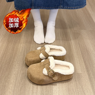 冬季 女外穿2025新款 雪地靴半拖 毛绒包头毛毛棉拖鞋 厚底加绒勃肯鞋