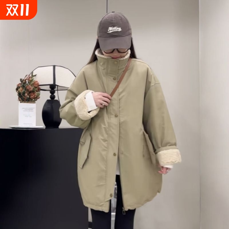 韩系慵懒风羊羔毛工装外套女秋冬新款加绒加厚派克服大衣中长款