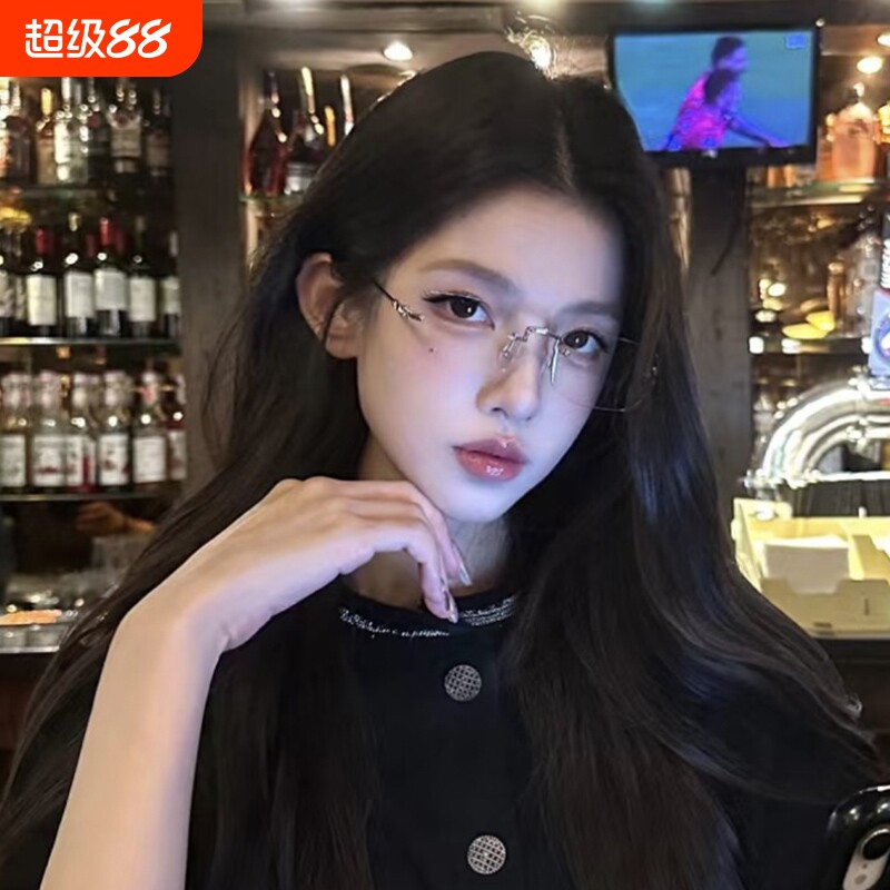 素颜金丝无框眼镜近视女度数可配高级感无边框纯欲防蓝光银色镜框