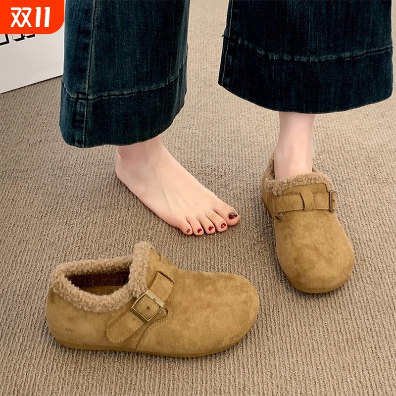 加绒勃肯鞋女2025新款秋冬季豆豆乐福鞋子毛毛棉鞋保暖雪地靴毛绒