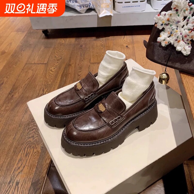 马皮~6.5cm增高厚底乐福鞋女英伦小个子棕色小皮鞋单鞋浅口圆头