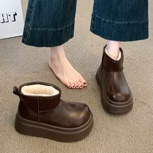 棕色棉鞋 厚底雪地靴女款 加绒加厚皮面防水防滑面包鞋 冬季 2025新款
