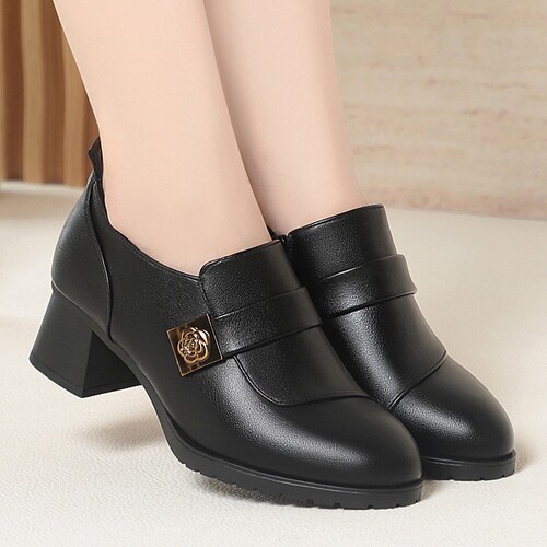 意尔康心选真皮软底深口鞋粗跟中年妈妈鞋单鞋女中老年圆头女士皮