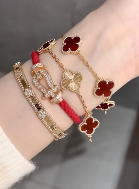 2026四叶草玛瑙石五花手链女轻奢18K玫瑰金手串黄金红玛瑙贝母