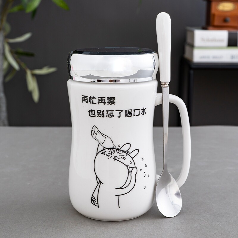 卡通陶瓷杯子马克杯带盖茶水杯咖啡杯牛奶杯礼品杯带勺喝水食品级图片