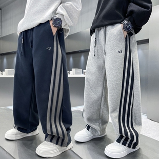 儿童裤子加绒男童运动裤2026秋冬中大童直筒阔腿裤加厚一体绒灰色