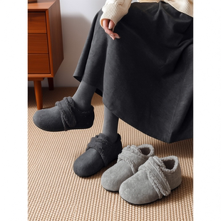 呢子灰色保暖魔术贴加绒棉勃肯鞋 新款 女外穿冬季 3CM内增高毛毛鞋