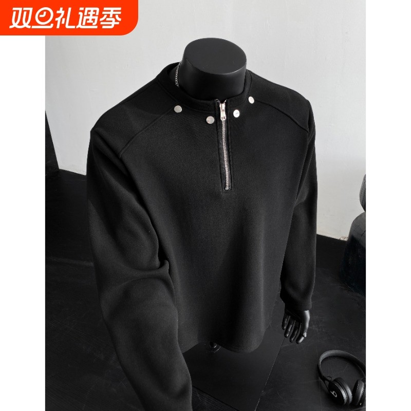 黑色半拉链长袖T恤男款秋冬季设计感铆钉拼接潮流痞帅打底衫上衣