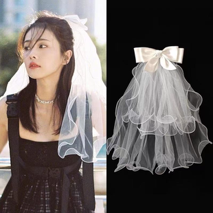 白鹿同款 超仙求婚小头纱新娘结婚拍照领证登记蝴蝶结蓬蓬头纱头饰