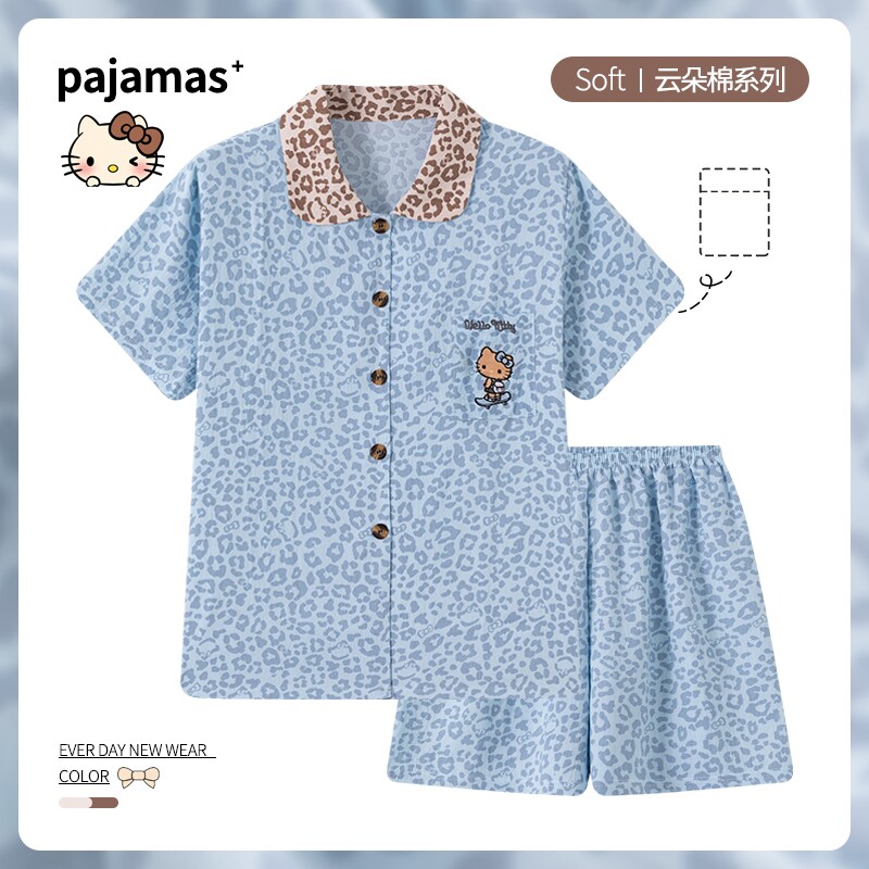 复古风蓝色豹纹短袖短裤夏季新款睡衣女学生宿舍套装家居服可外穿