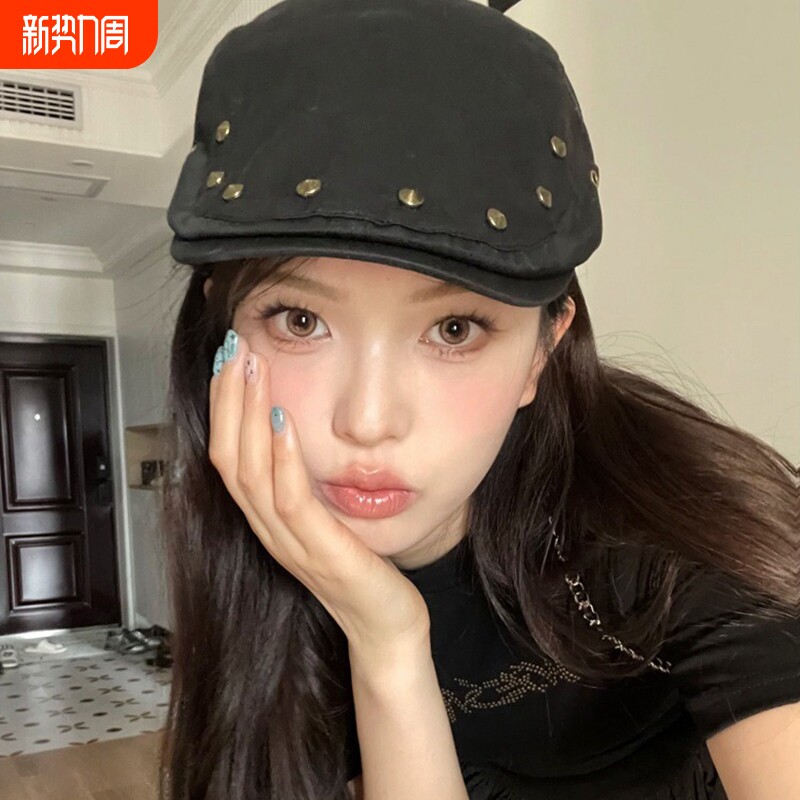 复古铆钉前进帽女春夏季百搭嘻哈反戴画家帽薄款休闲贝雷帽显脸小