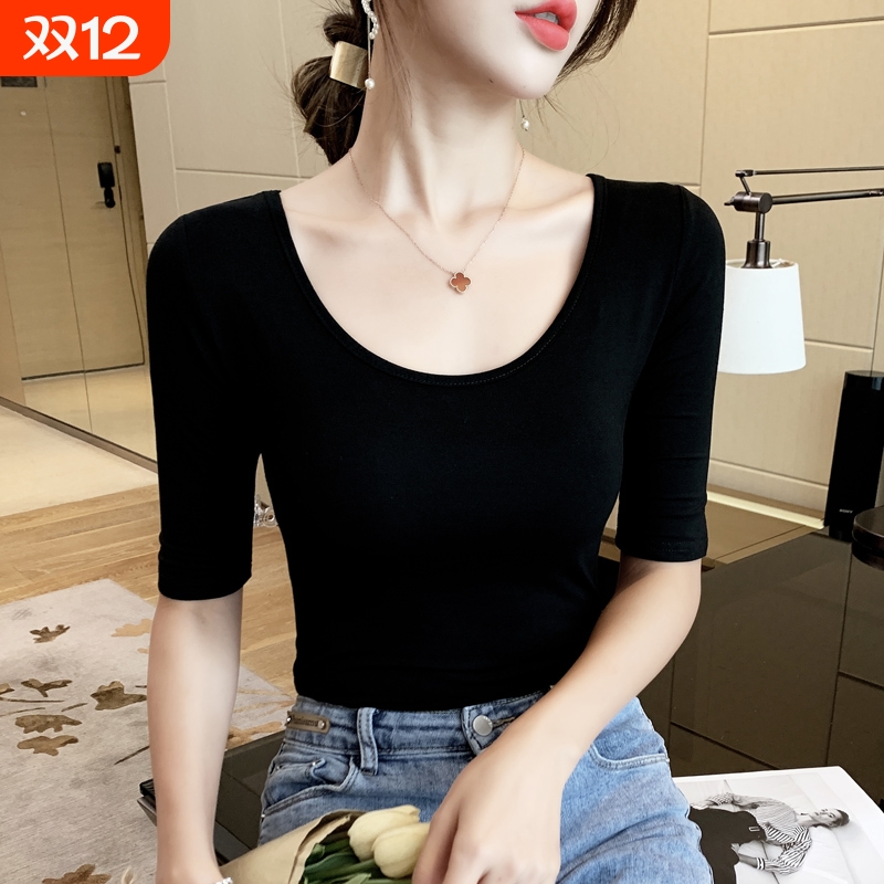 黑色t恤女中袖圆领2025新款春秋莫代尔打底衫修身纯色大U领上衣潮