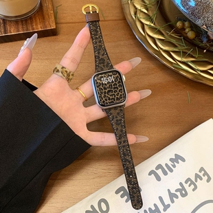 适用于苹果手表s10复古豹纹applewatchs11皮质创意腕带S9细款小蛮腰8/7/6/5/4运动配件ultra3/2/1黑色硅胶