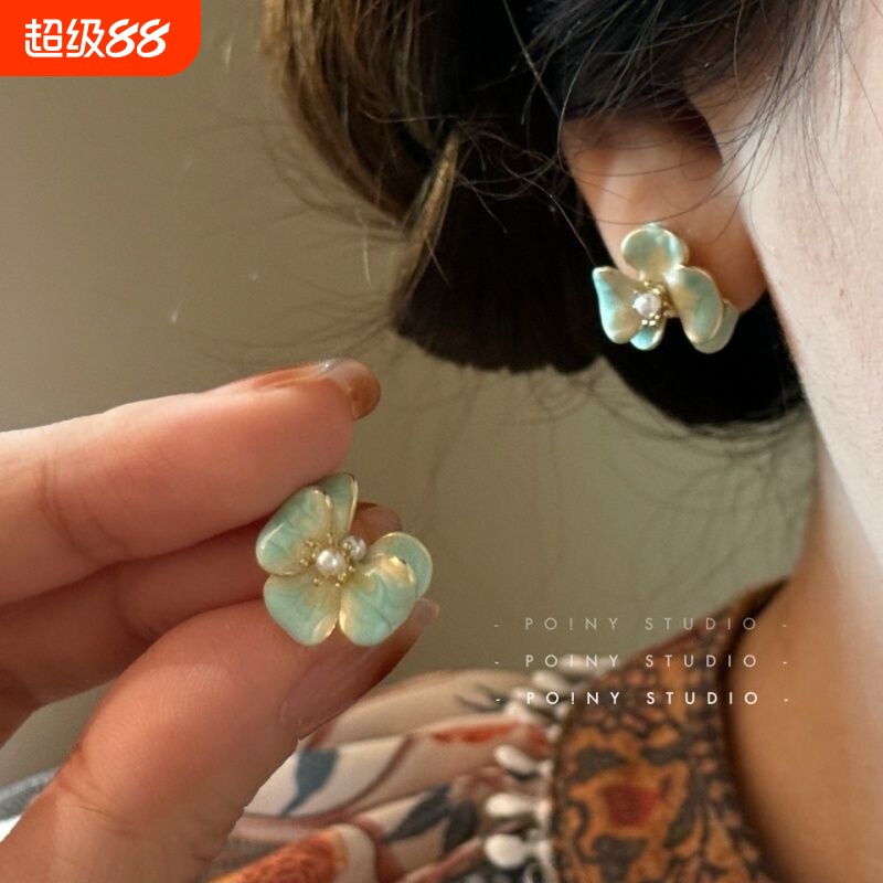 轻奢气质花朵耳钉女绿色花瓣珍珠高级感优雅耳环耳饰新款蝴蝶图片
