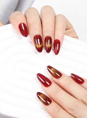 短法式金光猫眼穿戴甲片24片成品指甲贴片杏仁甲美甲片欧美红色