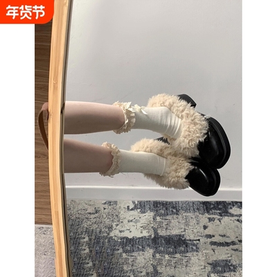 黑色高跟粗跟小皮鞋女加绒保暖