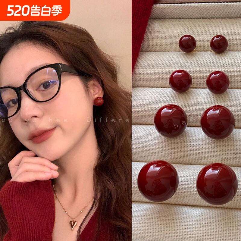 秋冬安可拉红豆豆珍珠耳钉女复古港风氛围高级感红色耳环轻奢耳饰