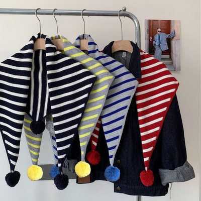 新款日系球球条纹三角围巾圣诞红色围脖保暖百搭披肩女学生秋冬