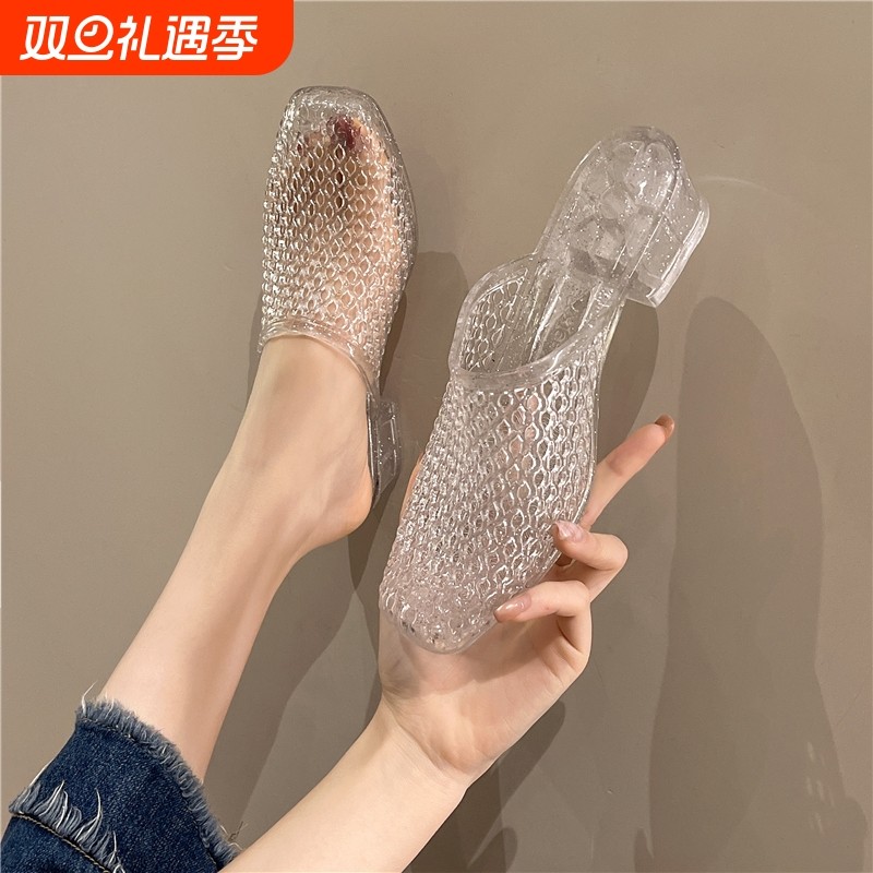 【防滑不臭脚】新款凉拖鞋女士夏季外穿水晶厚底透明坡跟防滑复古