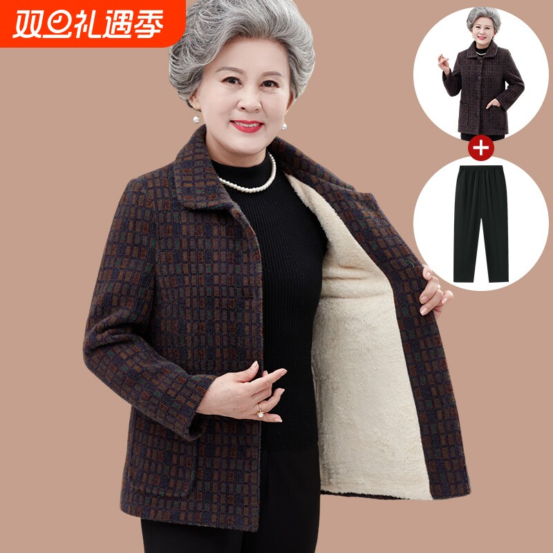 中老年人秋冬外套女奶奶装冬装棉衣妈妈水貂绒加绒加厚毛呢上衣服