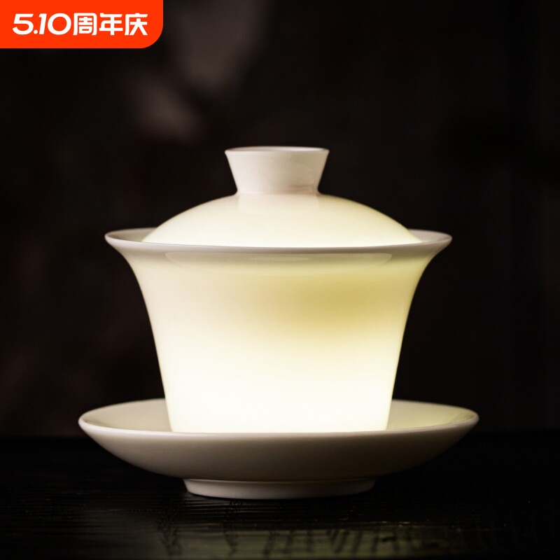唐丰羊脂玉白瓷三才盖碗茶杯家用功夫泡茶碗高档礼盒装马蹄玉瓷