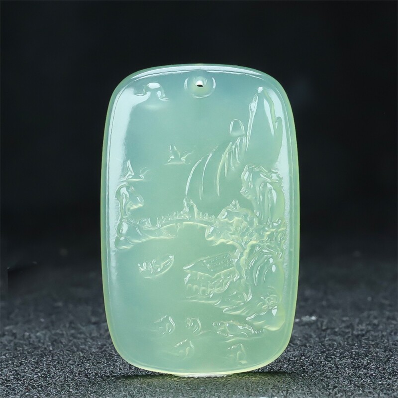送证书天然高冰种浅绿色湖水绿岫玉流水生财山水牌玉石吊坠挂件