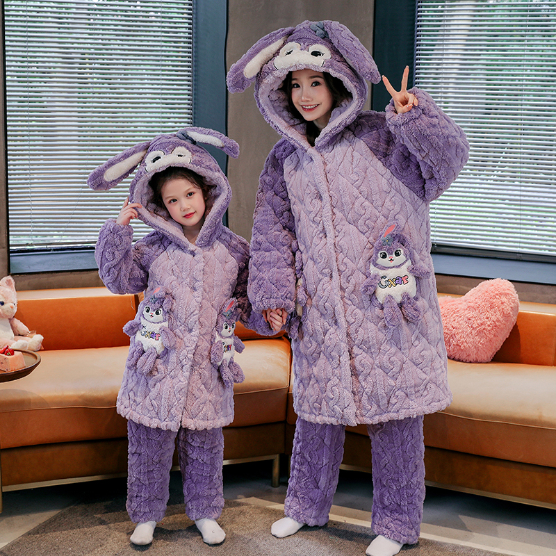 女童睡衣秋冬季三层夹棉加厚保暖
