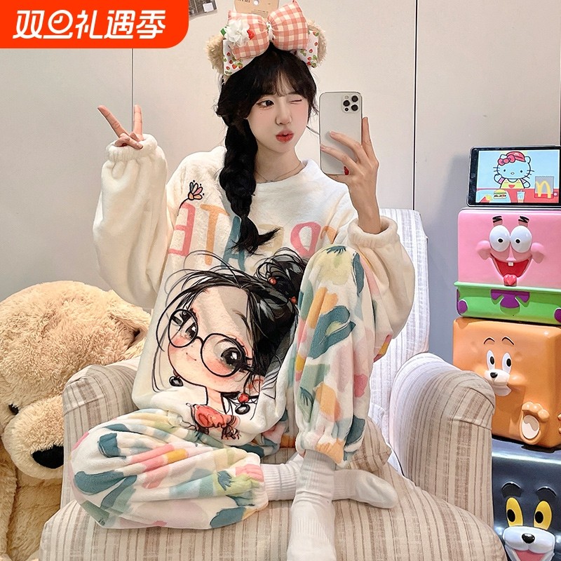 珊瑚绒睡衣女款秋冬季2025新款加绒加厚保暖法兰绒女士卡通家居服
