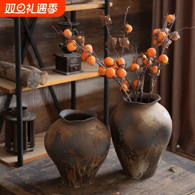 景德镇侘寂风陶瓷花瓶复古怀旧插花陶罐客厅书房装饰品摆件鲜花