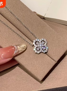 四叶草项链女满钻轻奢小众纯银镀18K白金色锁骨链ins项链水滴钻石