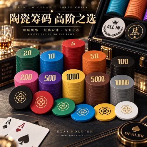 德州扑克陶瓷筹码币套装专业高端德扑有数字无面值poker牌币43mm