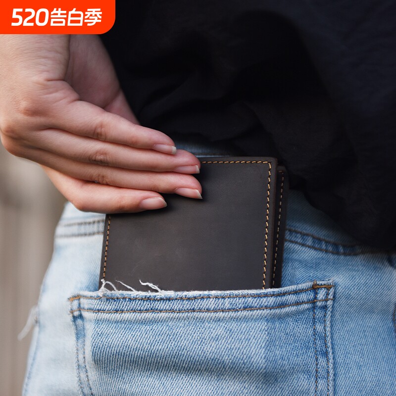 手工复古疯马皮钱夹商务男式真皮钱包男横款个性短款青年真皮皮夹